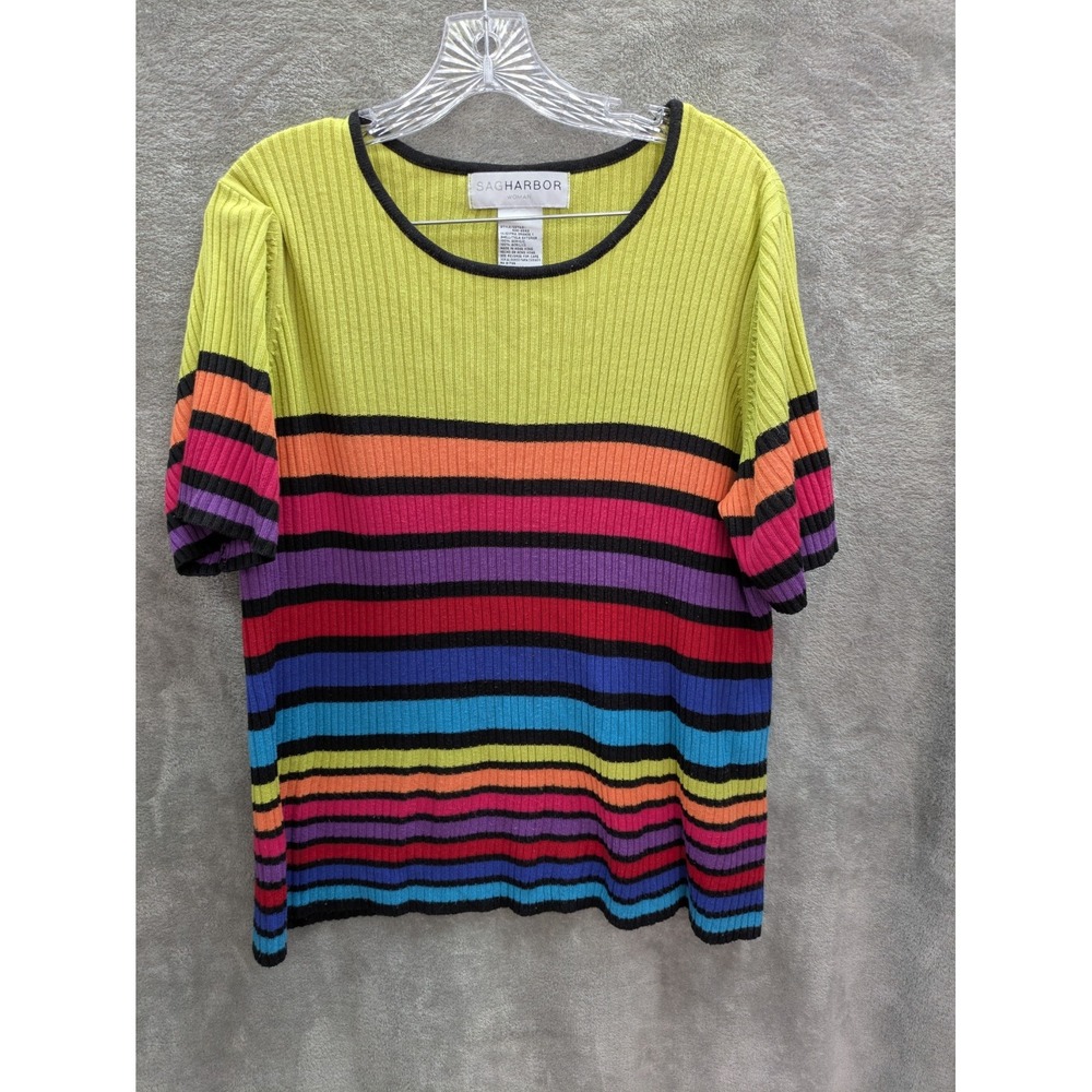 Vintage Top‎ Women's 1X Rib Knit Vibrant Colorful Rainbow Striped Dopamine